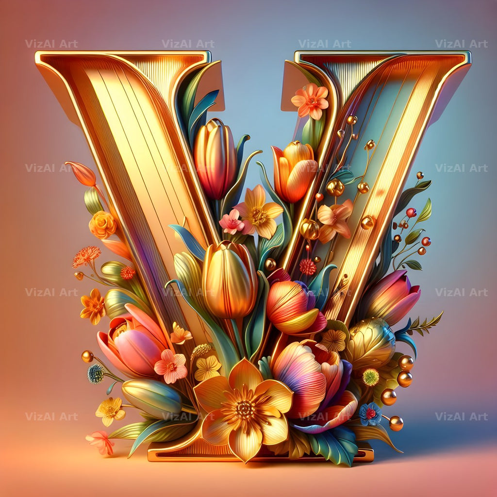 Gold Leaf Blossom alphabet letter V