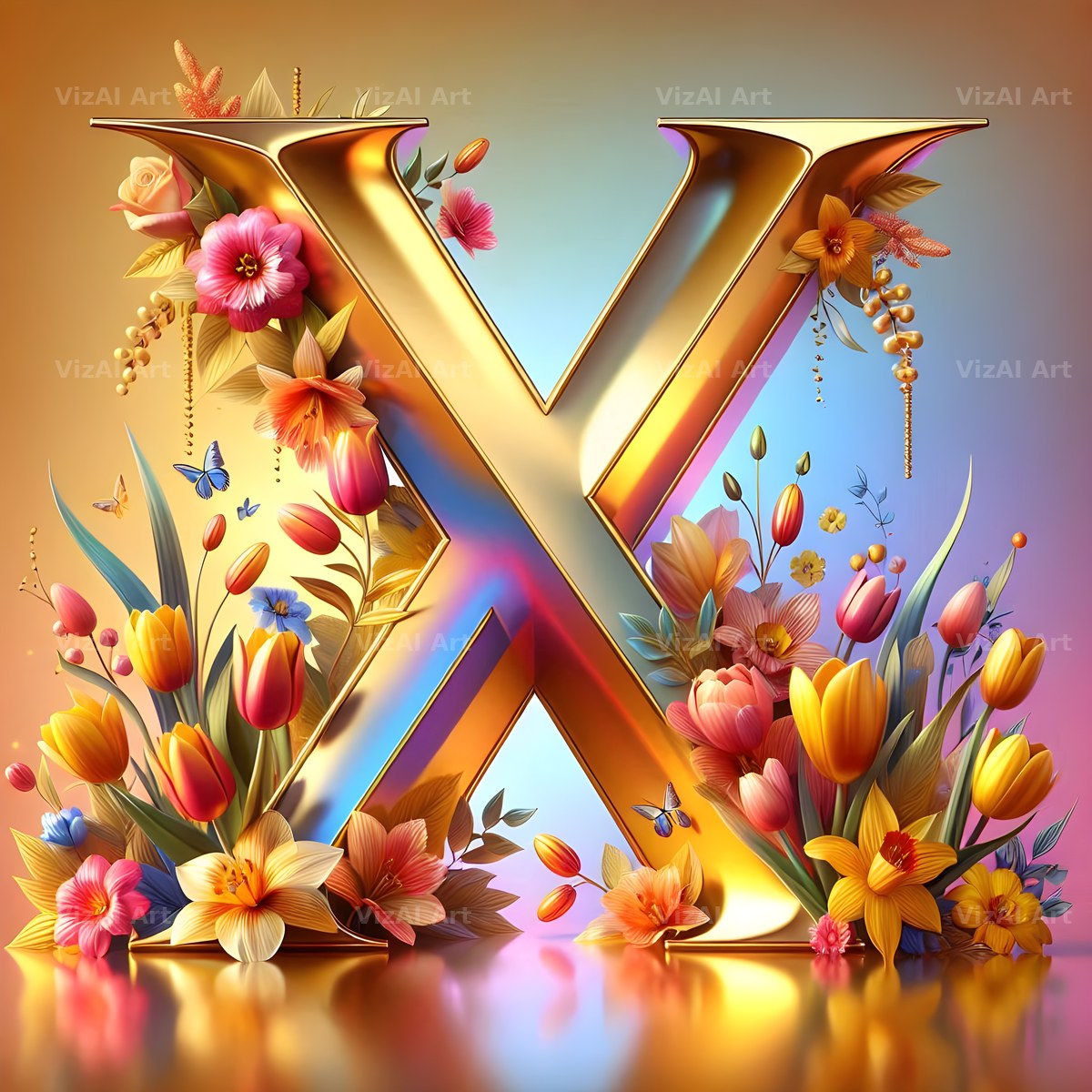 Gold Leaf Blossom alphabet letter X