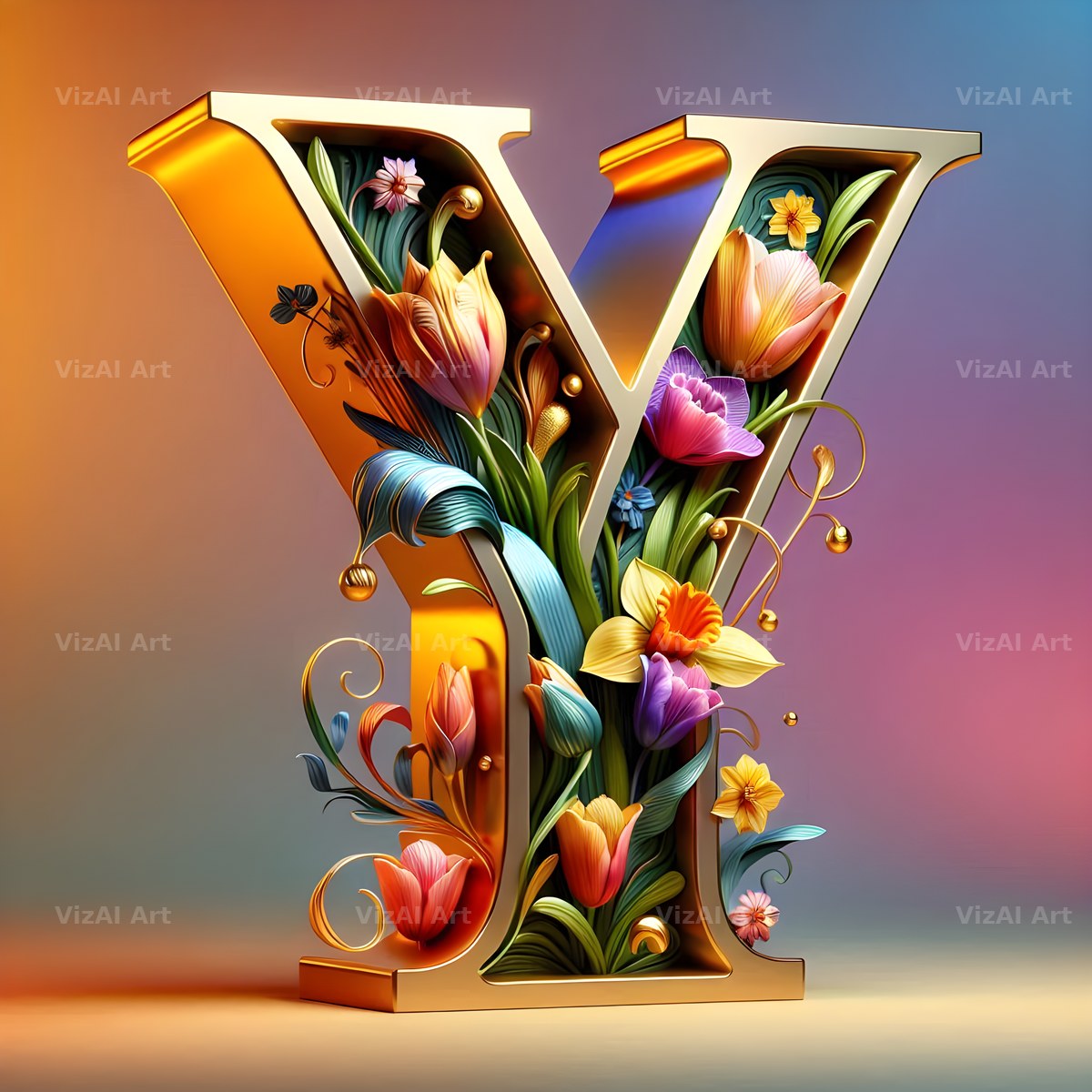 Gold Leaf Blossom alphabet letter Y
