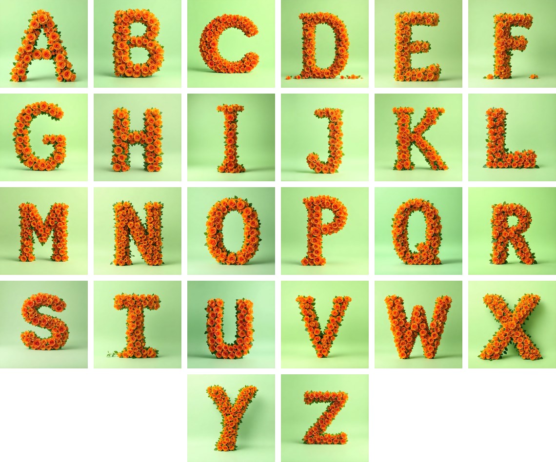 Orange Rose Bloom alphabet — all 26 letters
