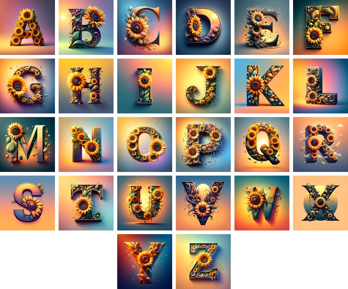 Ornate Sunflower Scroll alphabet — all 26 letters