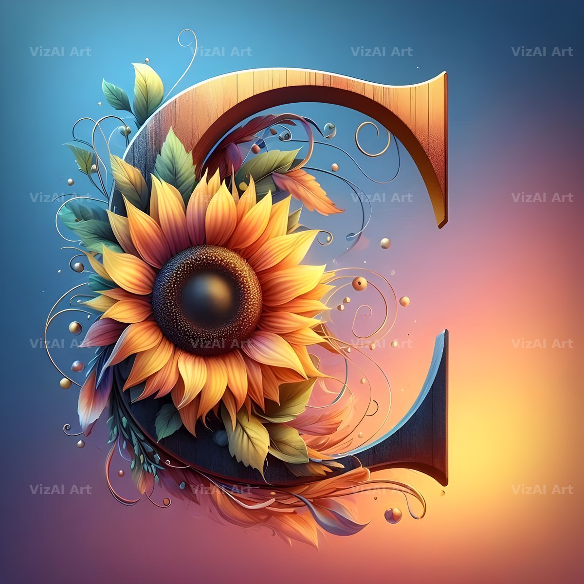 Ornate Sunflower Scroll alphabet letter C