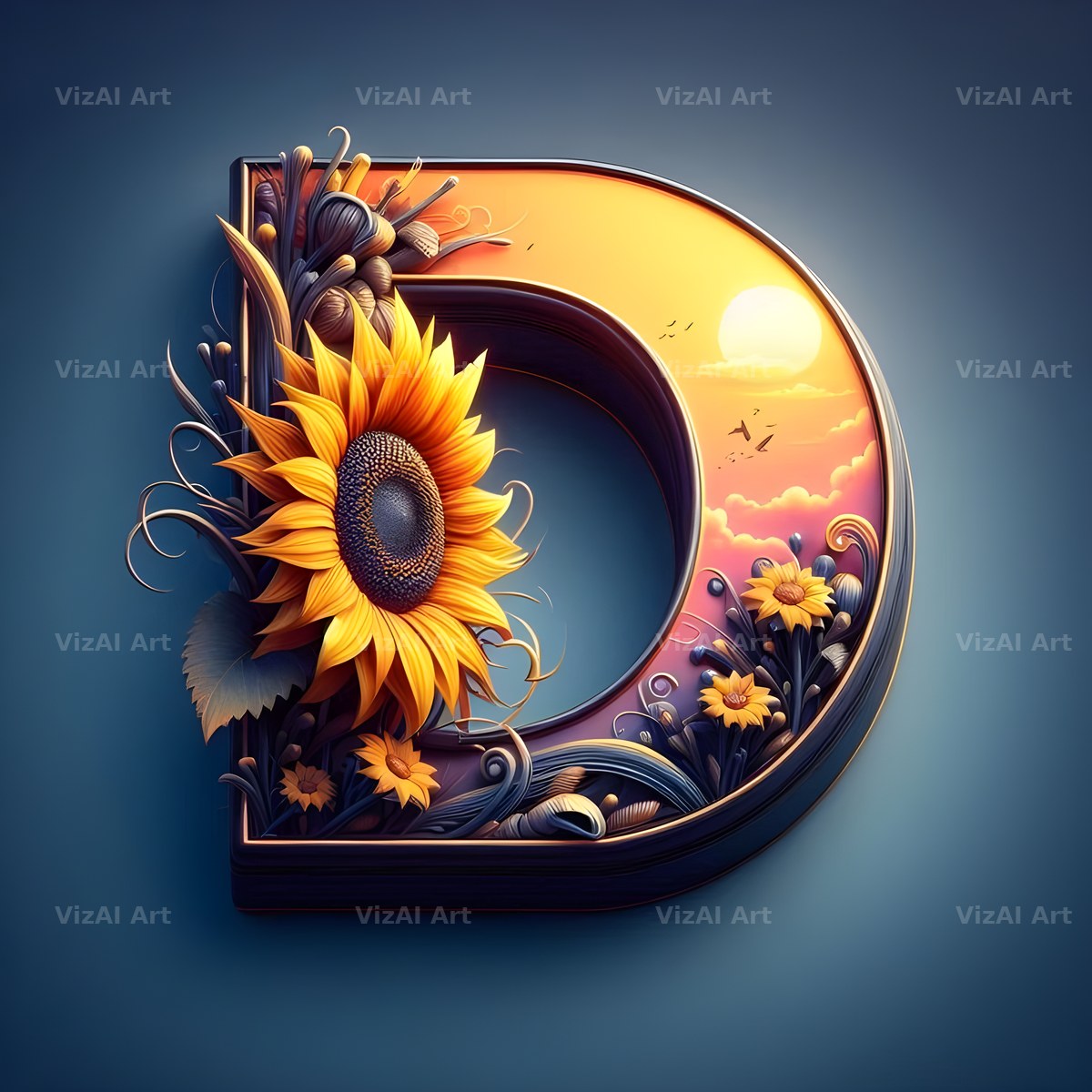 Ornate Sunflower Scroll alphabet letter D