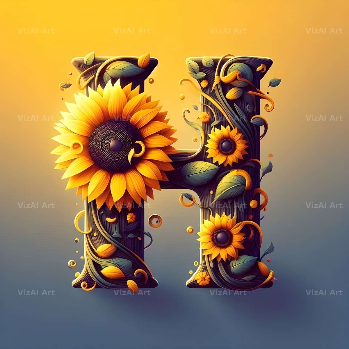 Ornate Sunflower Scroll alphabet letter H