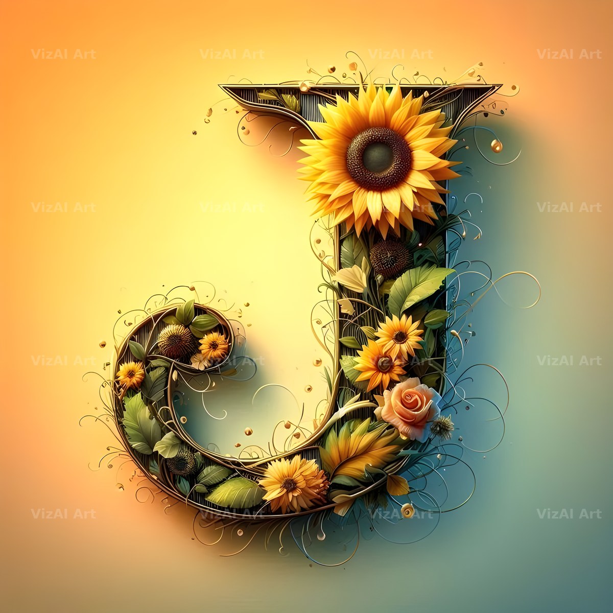 Ornate Sunflower Scroll alphabet letter J