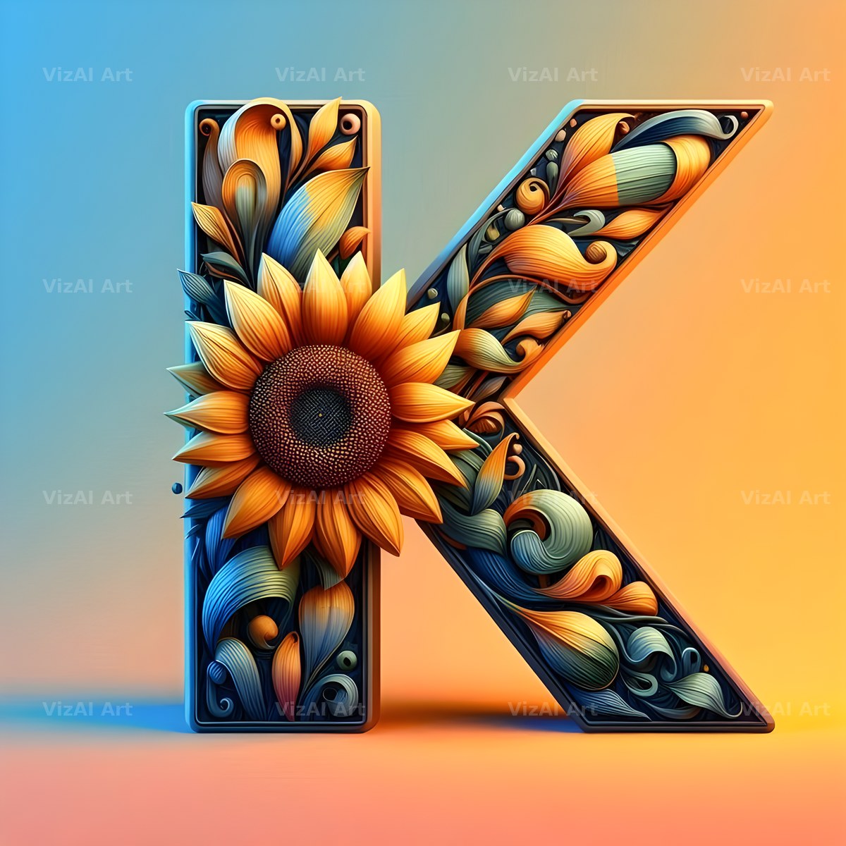 Ornate Sunflower Scroll alphabet letter K
