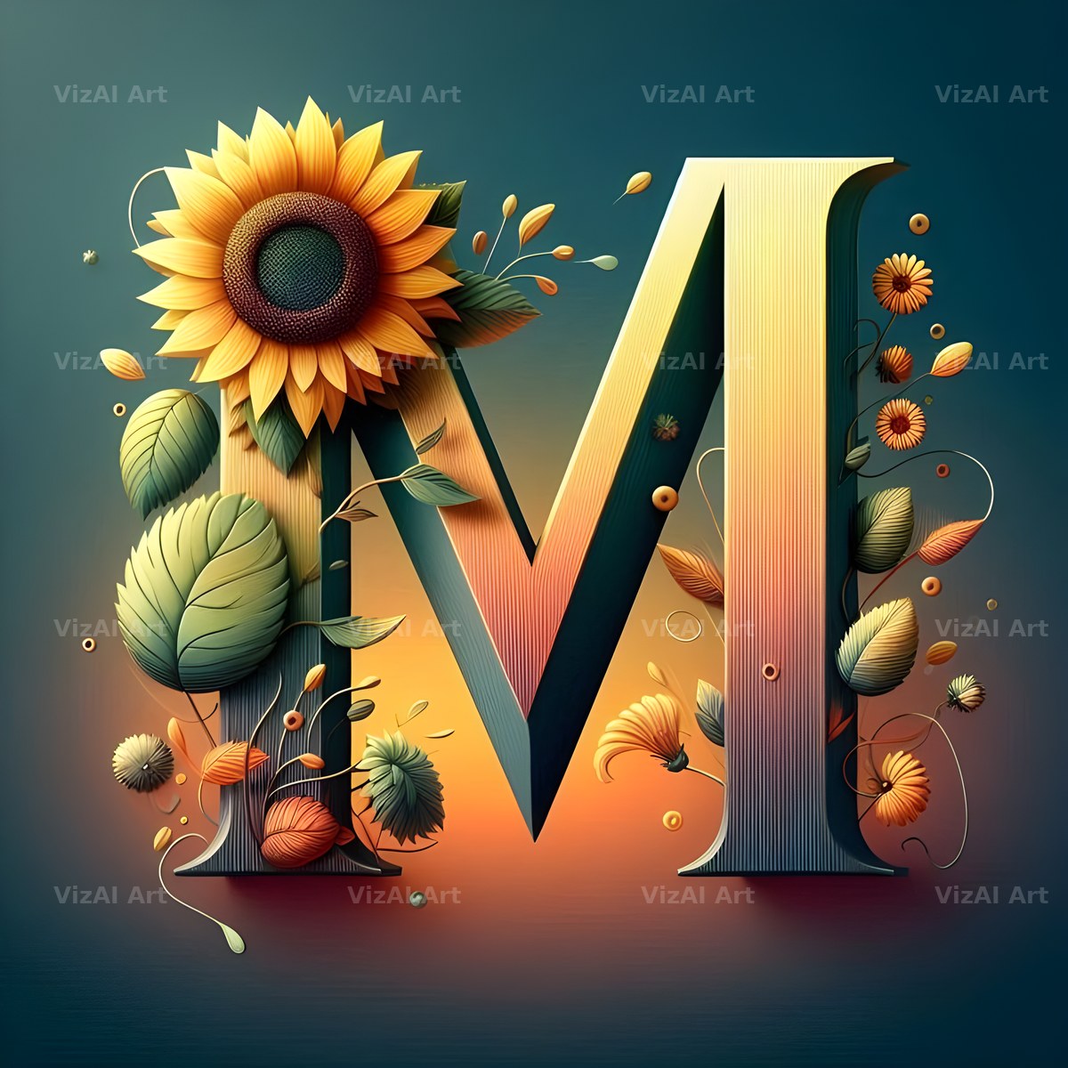 Ornate Sunflower Scroll alphabet letter M