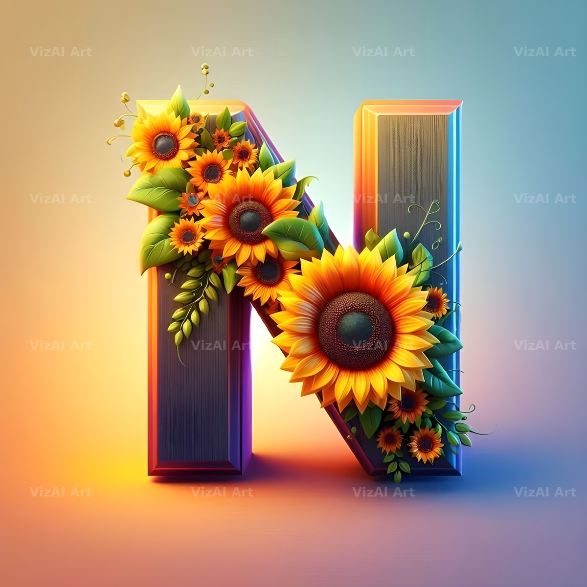 Ornate Sunflower Scroll alphabet letter N