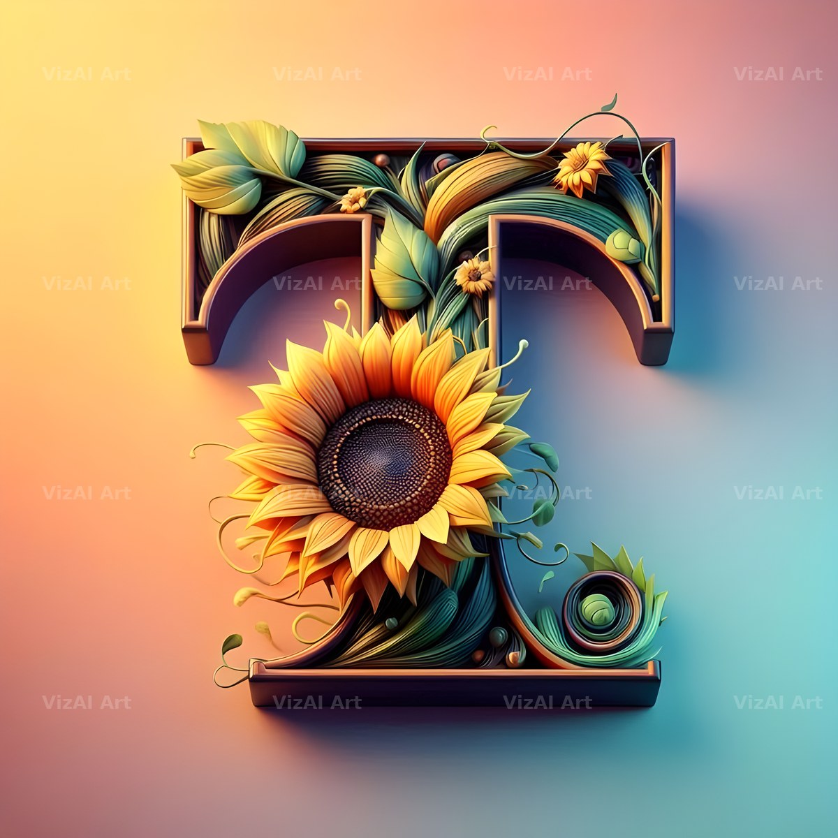Ornate Sunflower Scroll alphabet letter T