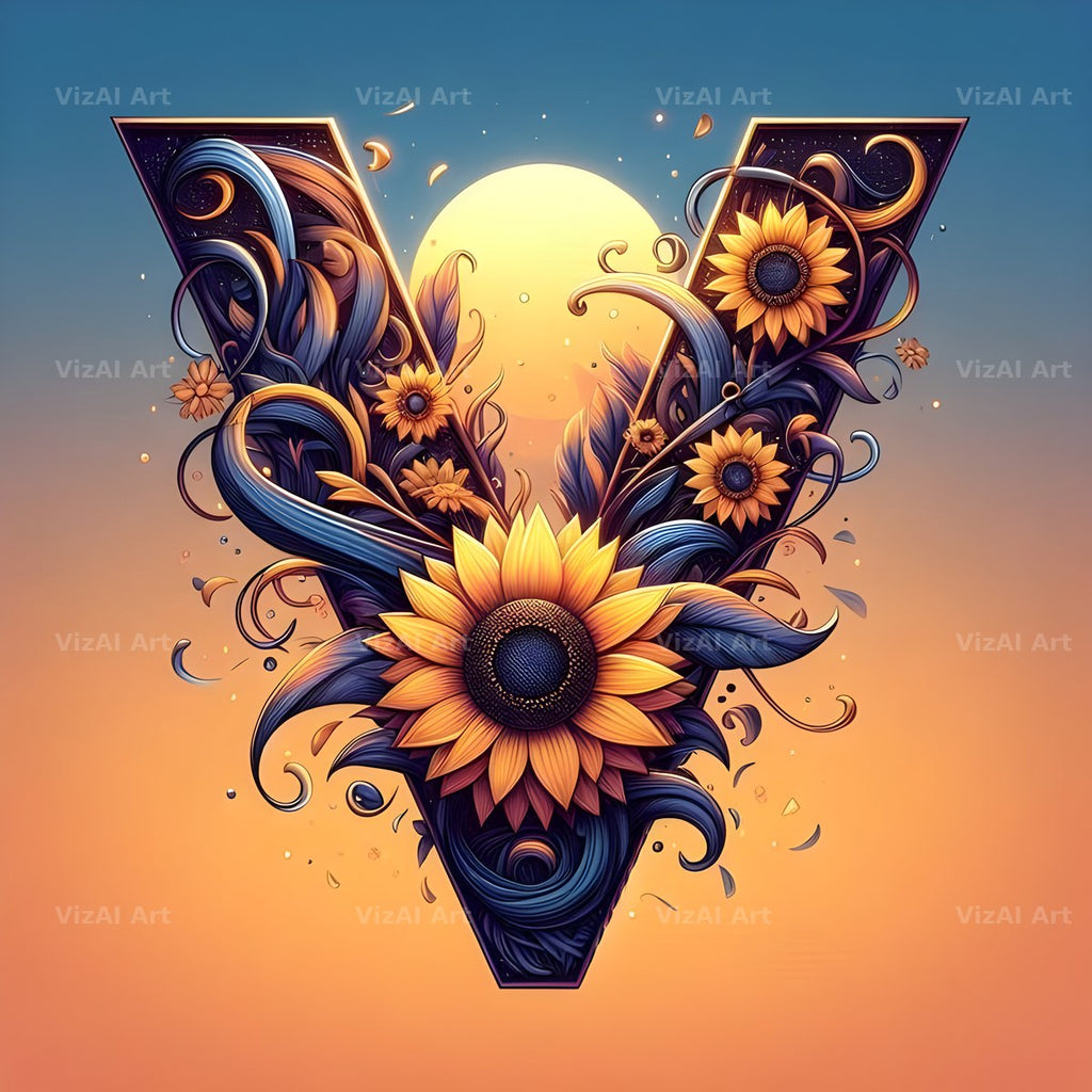 Ornate Sunflower Scroll alphabet letter V