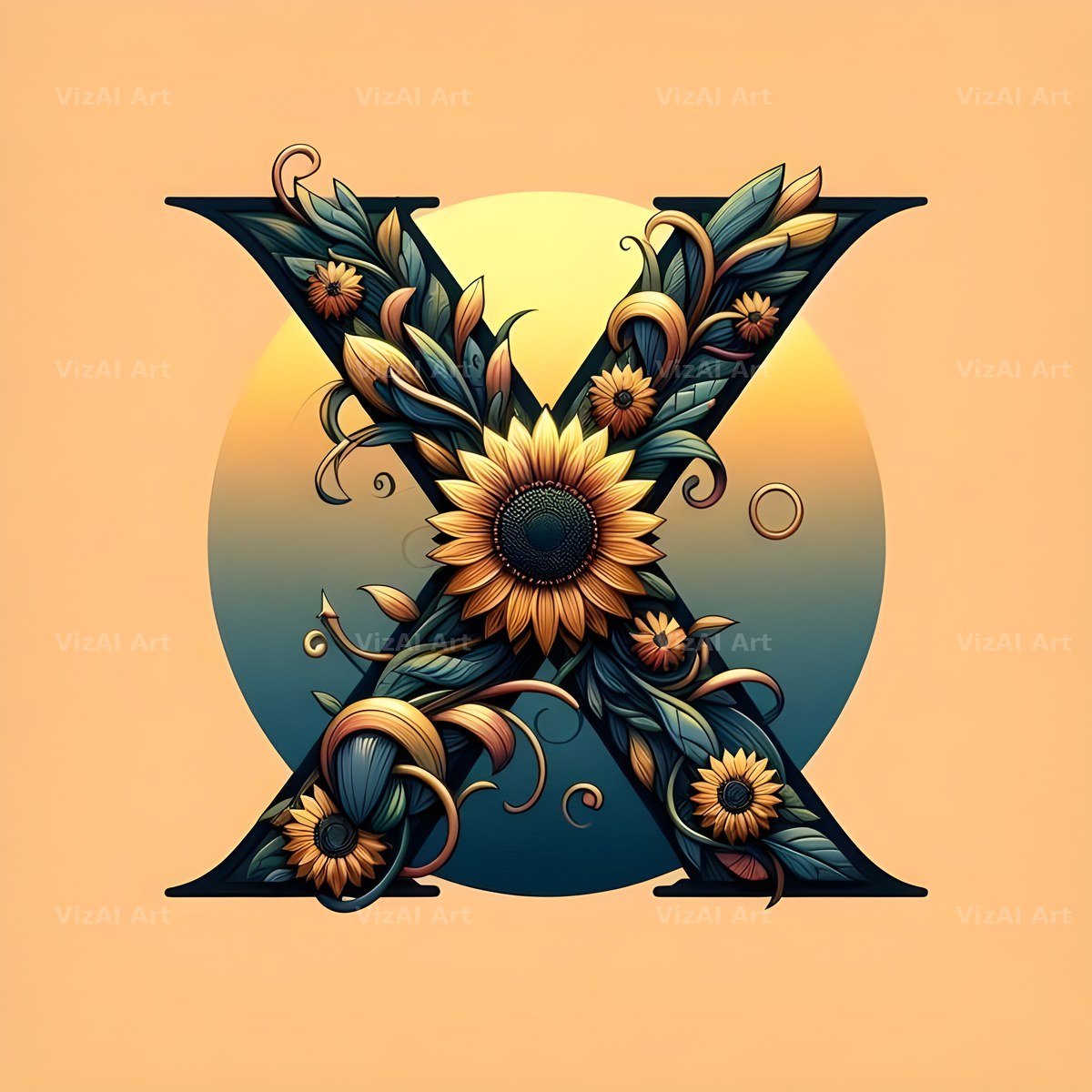 Ornate Sunflower Scroll alphabet letter X