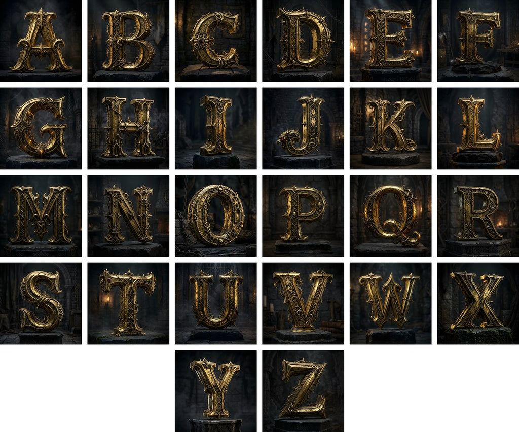 Baroque Gold Ornament alphabet — all 26 letters