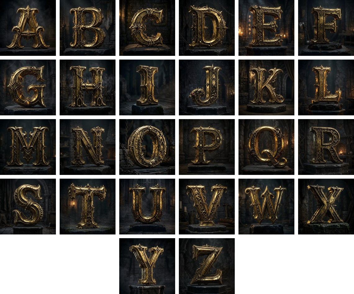 Baroque Gold Ornament alphabet — all 26 letters