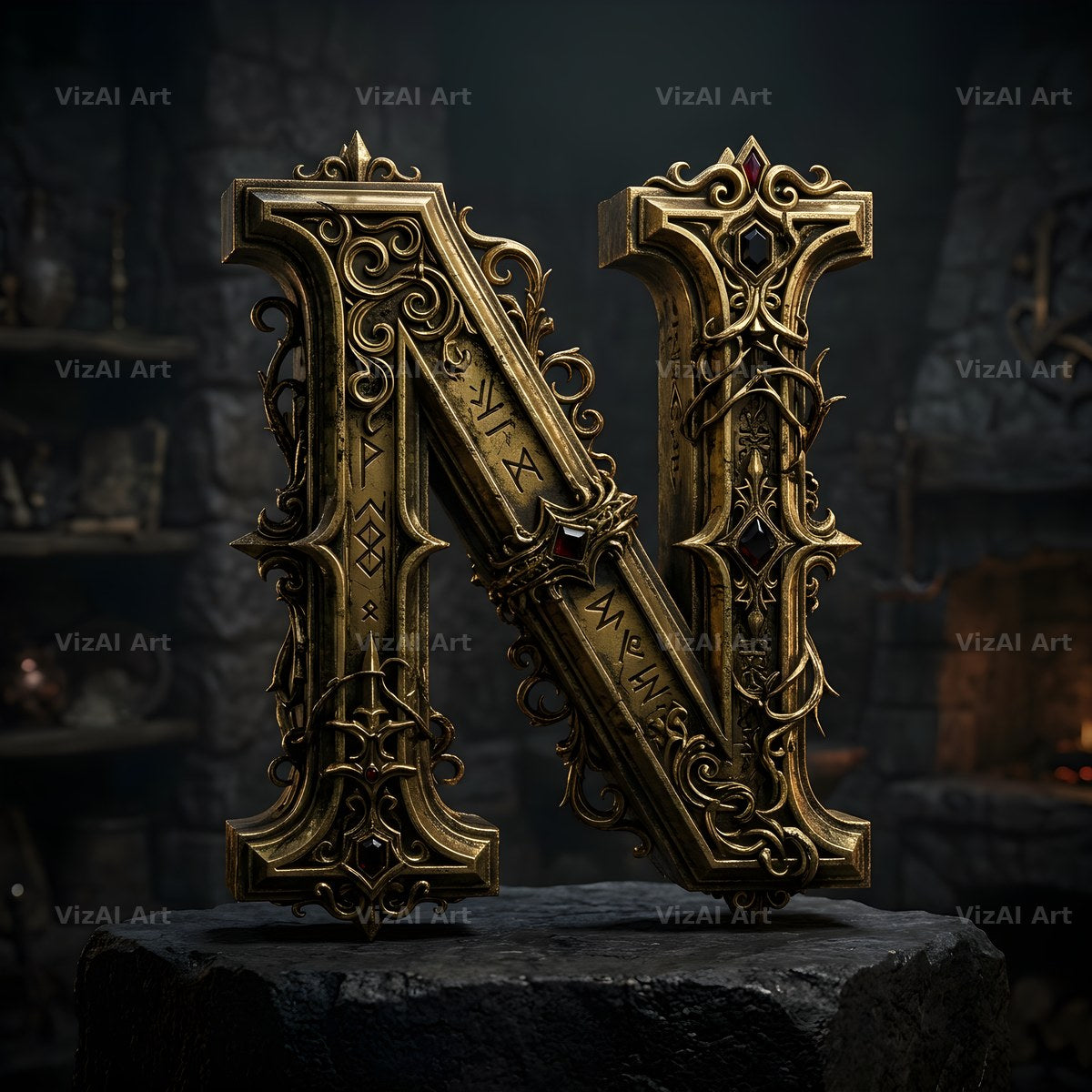Baroque Gold Ornament alphabet letter N