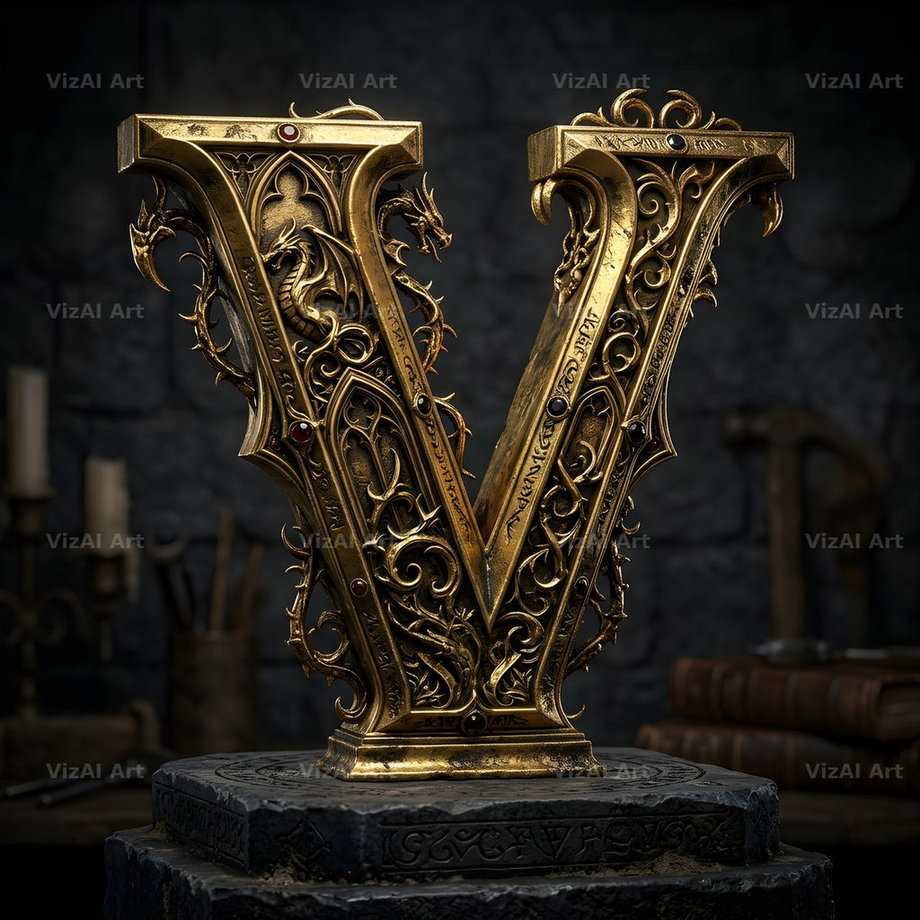 Baroque Gold Ornament alphabet letter V