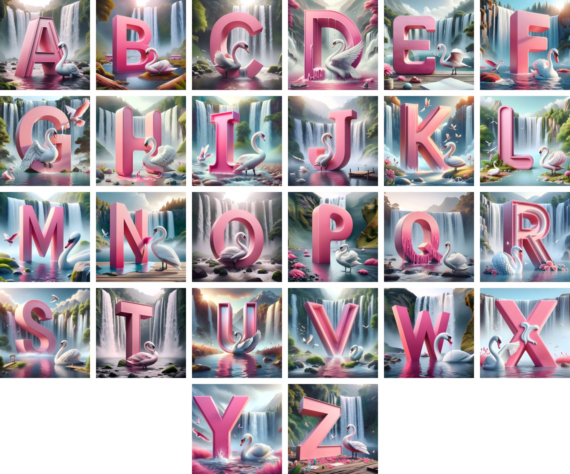 Pink Swan Lake alphabet — all 26 letters