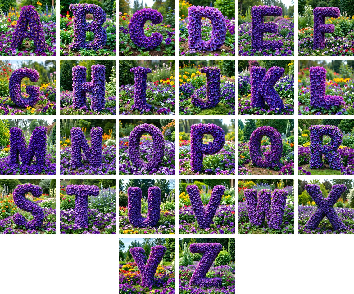 Pansy Garden Bed alphabet — all 26 letters