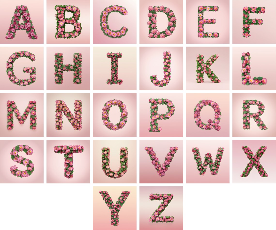 Pink Lotus Bloom alphabet — all 26 letters