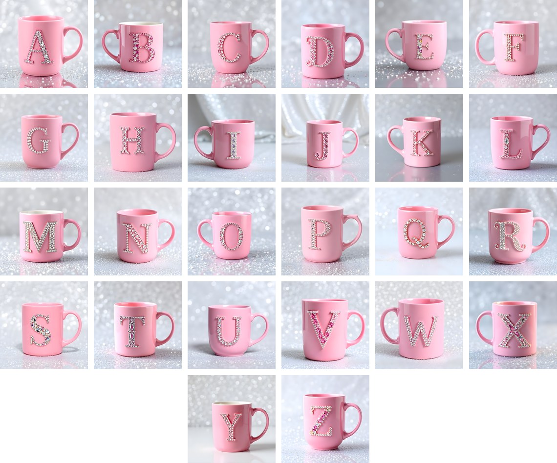 Pink Coffee Mug alphabet — all 26 letters
