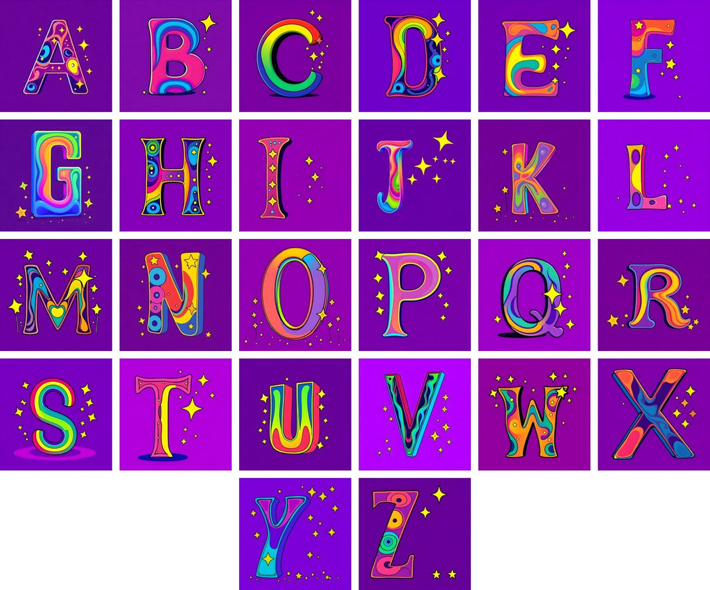 Pop Comic Sparkle alphabet — all 26 letters