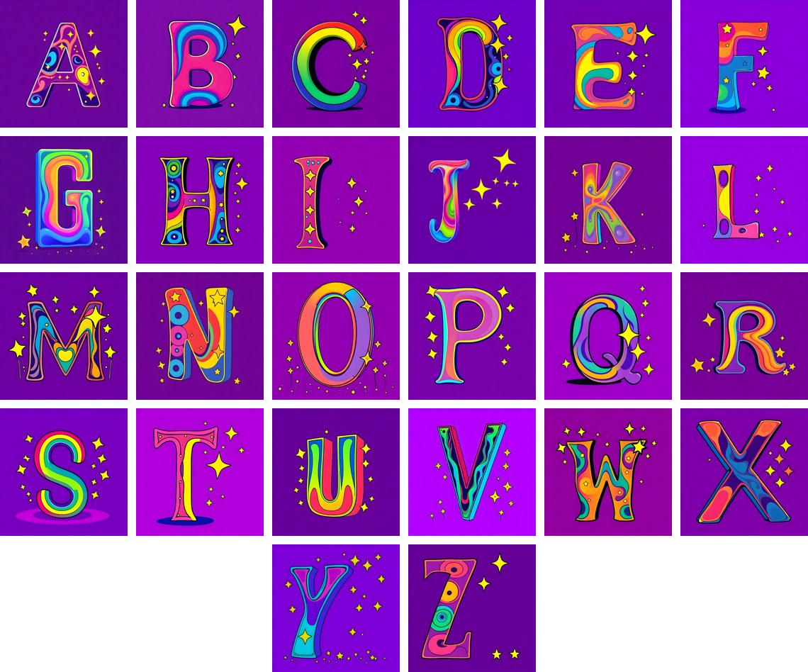 Pop Comic Sparkle alphabet — all 26 letters
