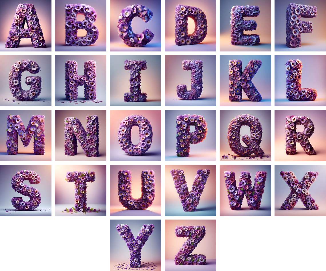 Purple Pansy Bloom alphabet — all 26 letters