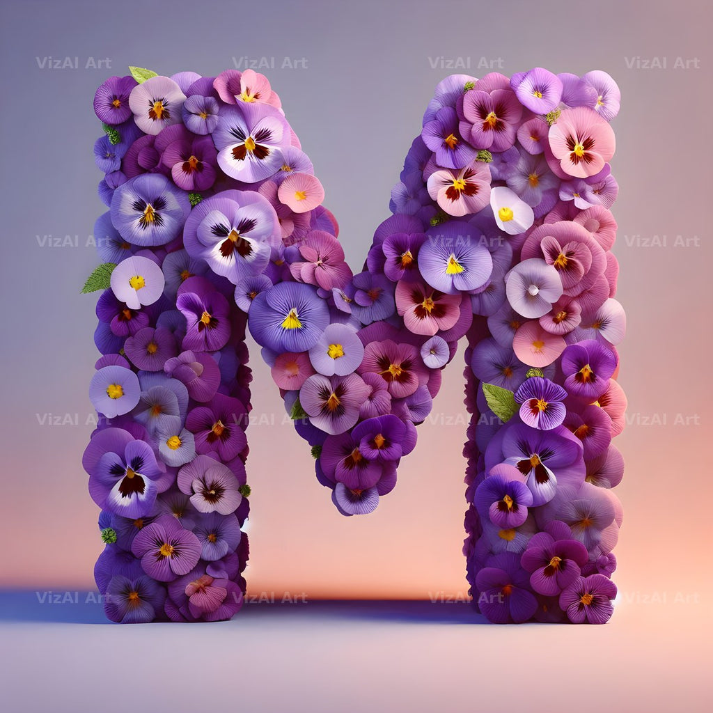Purple Pansy Bloom alphabet letter M