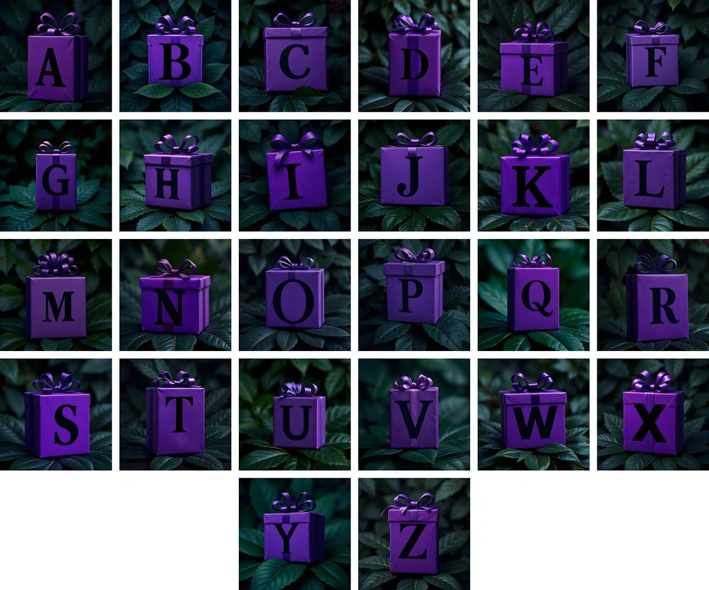 Purple Gift Box alphabet — all 26 letters