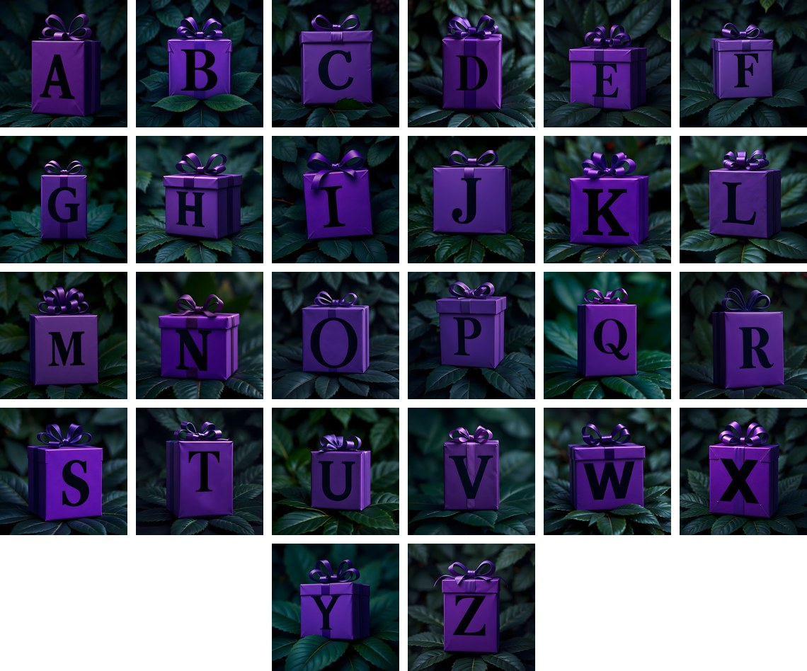 Purple Gift Box alphabet — all 26 letters