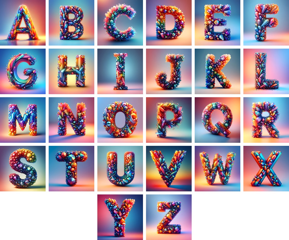 Rainbow Crystal Bead alphabet — all 26 letters