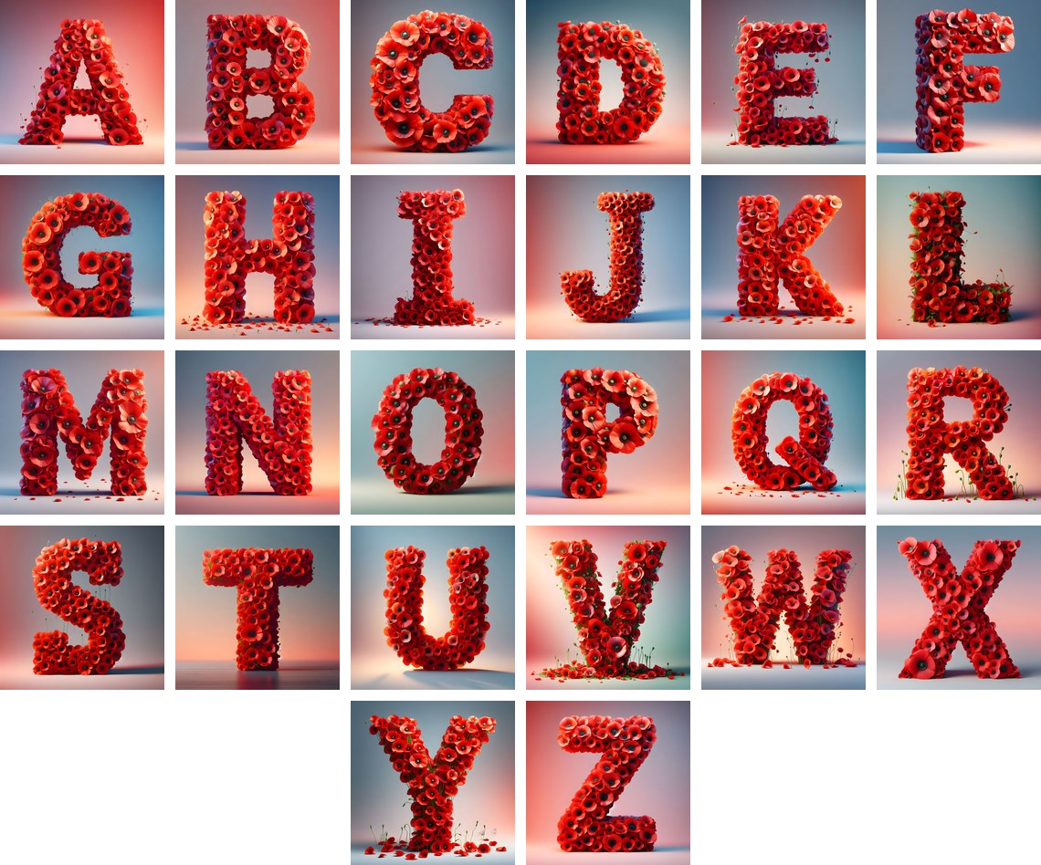 Red Poppy Field alphabet — all 26 letters