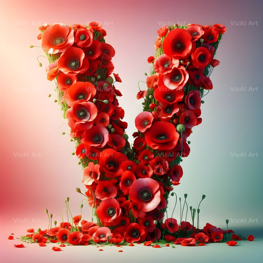 Red Poppy Field alphabet letter V