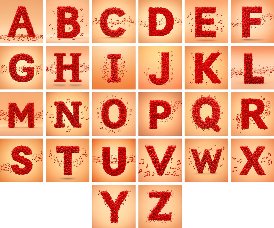 Red Heart Petal alphabet — all 26 letters
