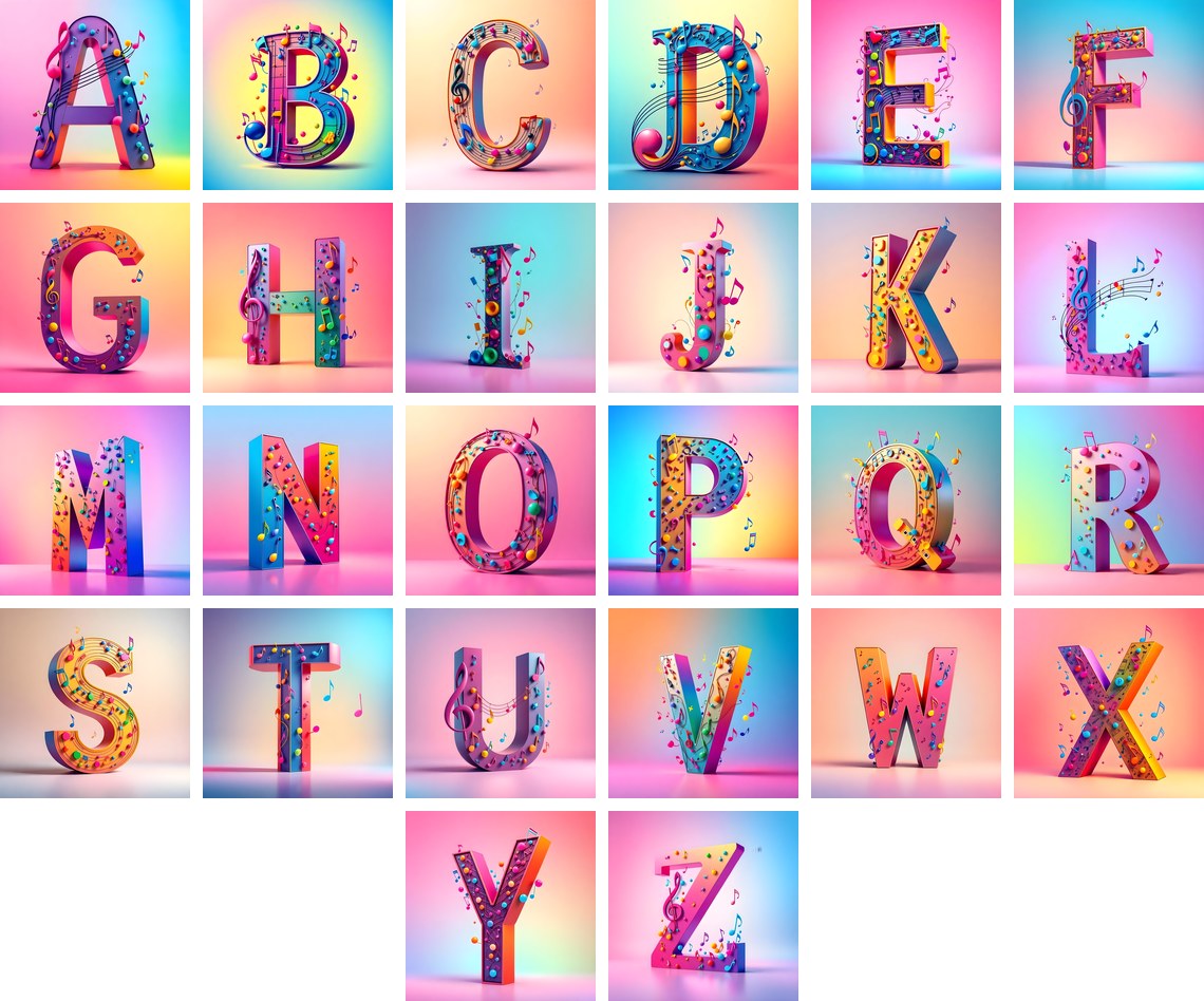 Rainbow Music Style alphabet — all 26 letters