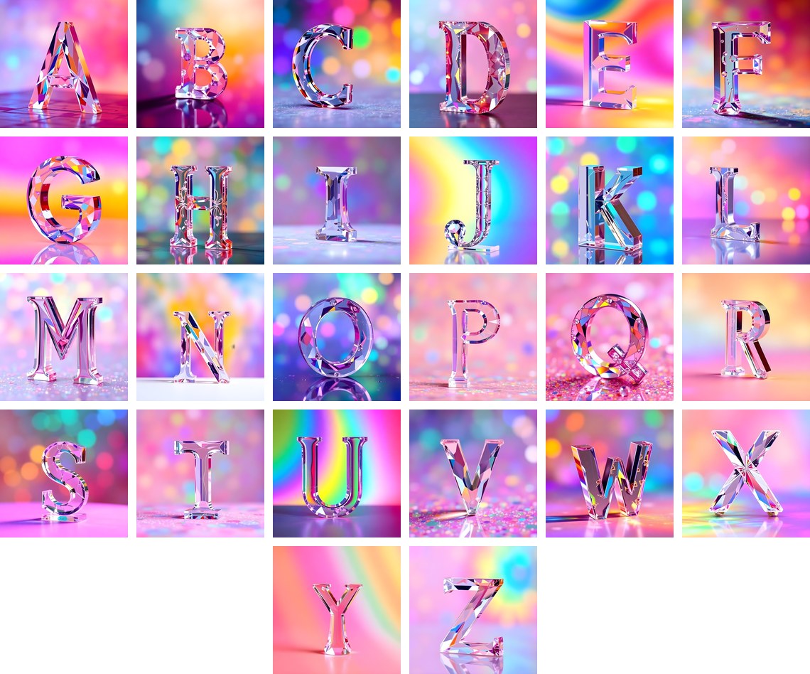 Rainbow Glass Reflection alphabet — all 26 letters