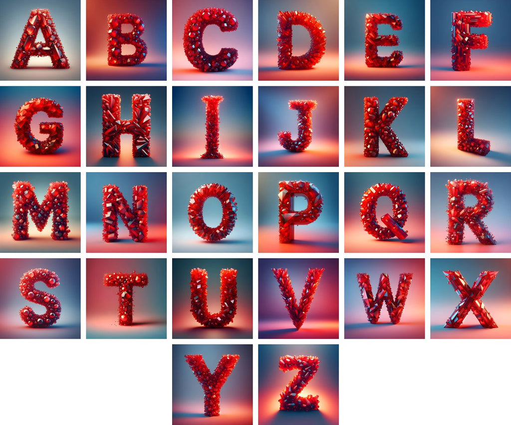Ruby Red Crystal alphabet — all 26 letters