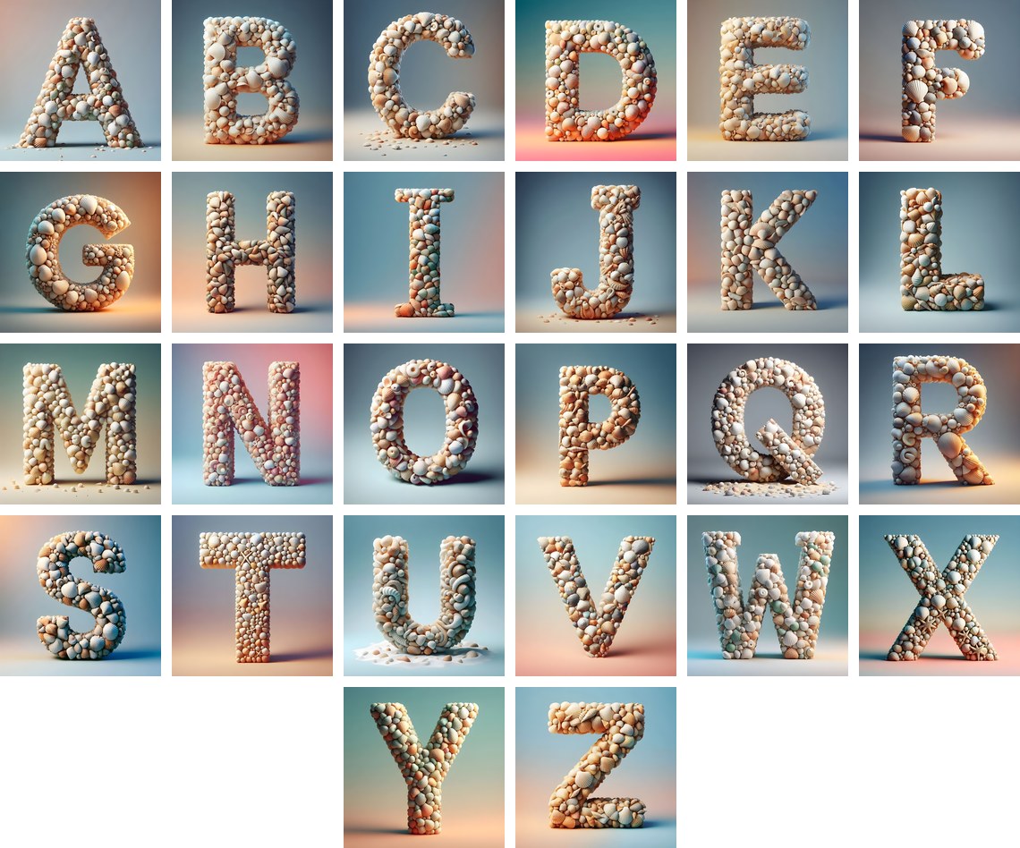 Seashell Beach Drift alphabet — all 26 letters