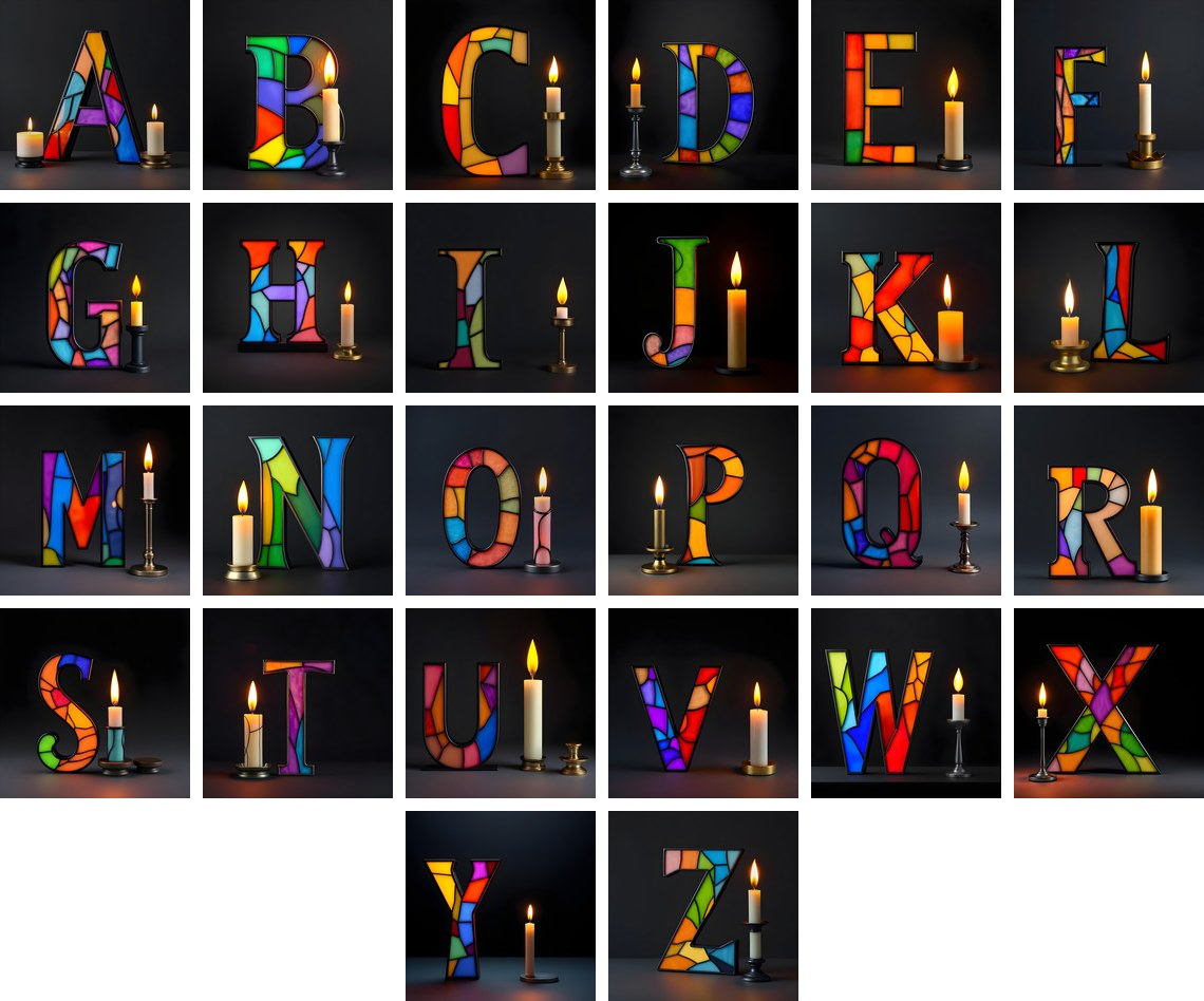 Stained Glass Candle alphabet — all 26 letters