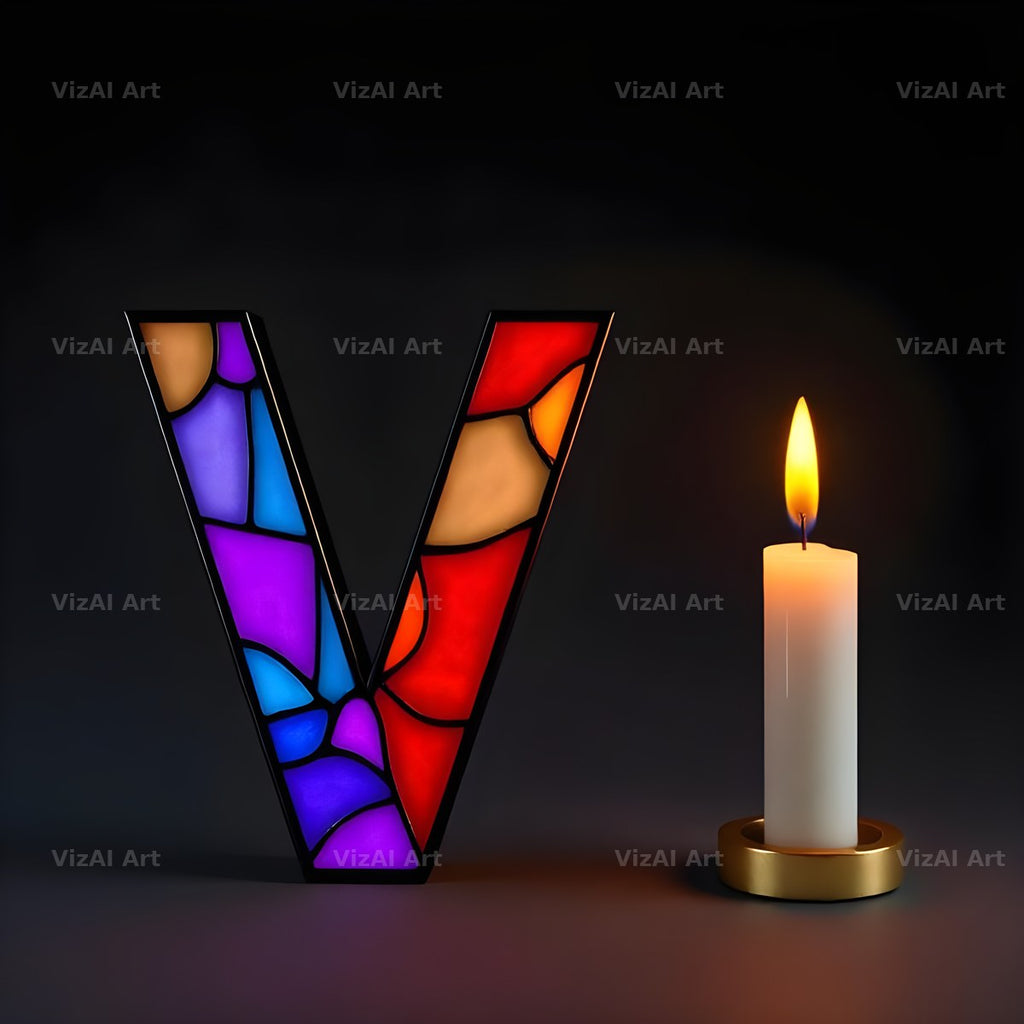 Stained Glass Candle alphabet letter V