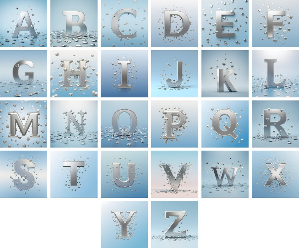 Silver Heart Frost alphabet — all 26 letters
