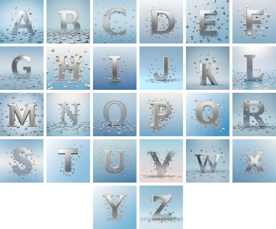 Silver Heart Frost alphabet — all 26 letters