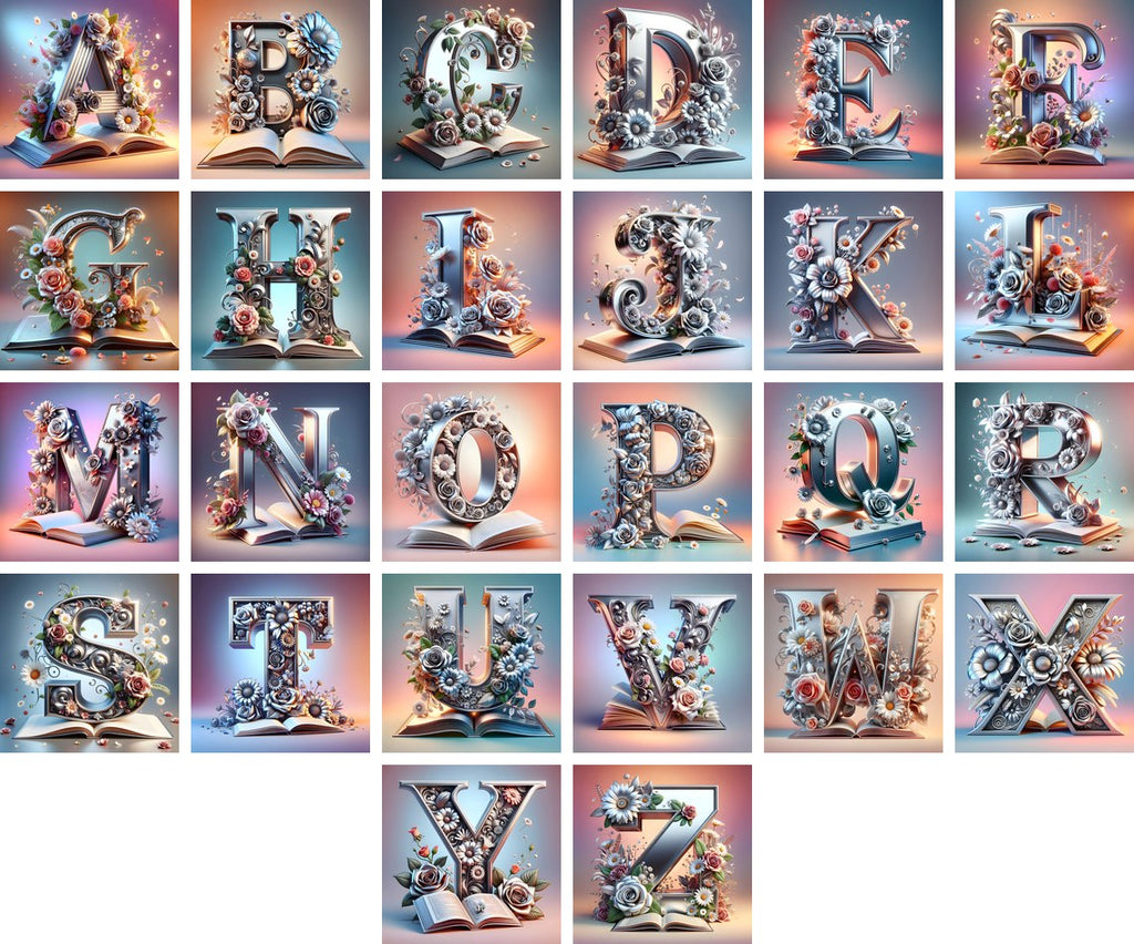 Silver Rose Storybook alphabet — all 26 letters