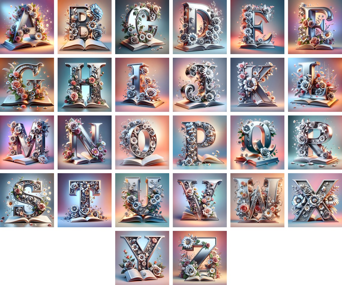 Silver Rose Storybook alphabet — all 26 letters