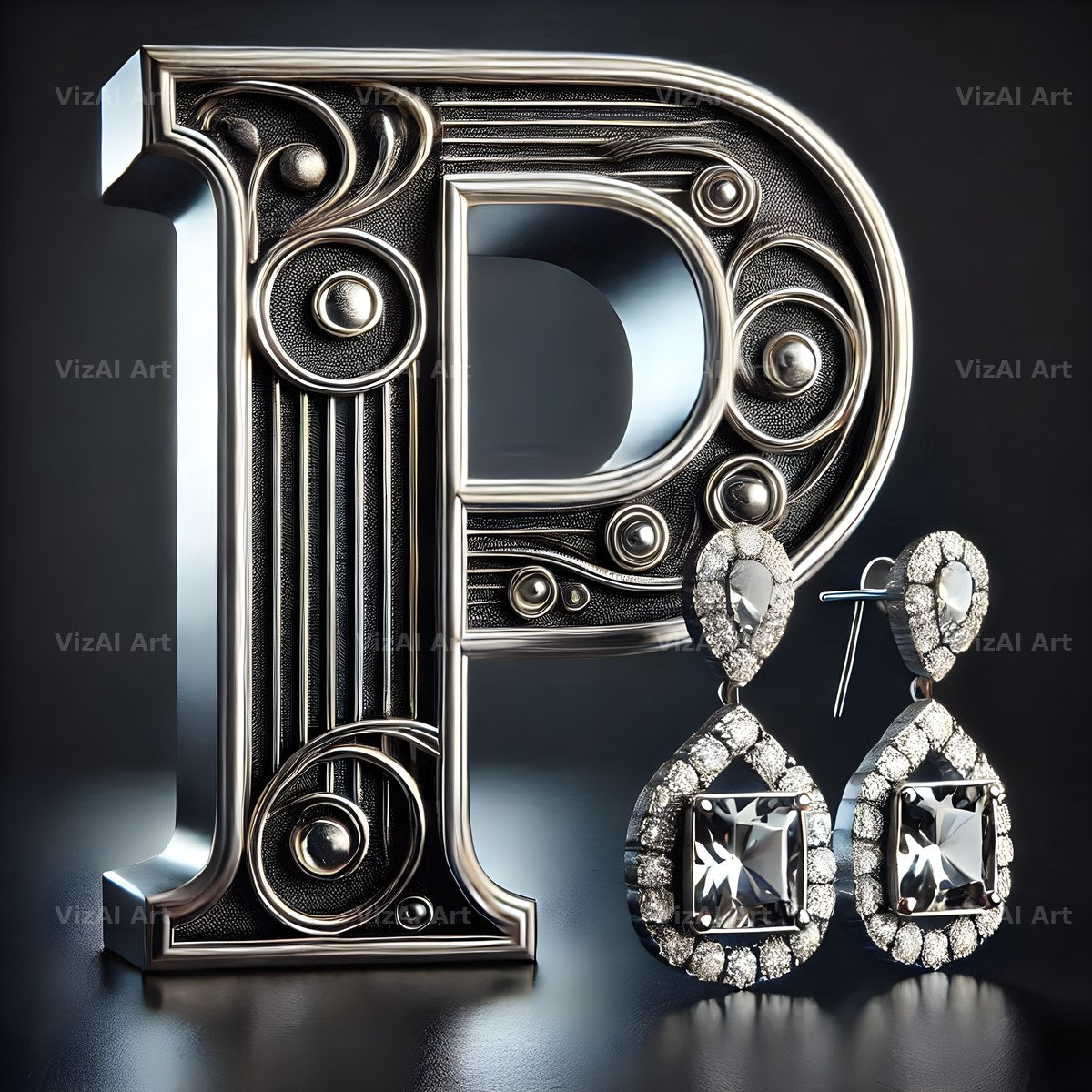 Silver Jewel Earring alphabet letter P