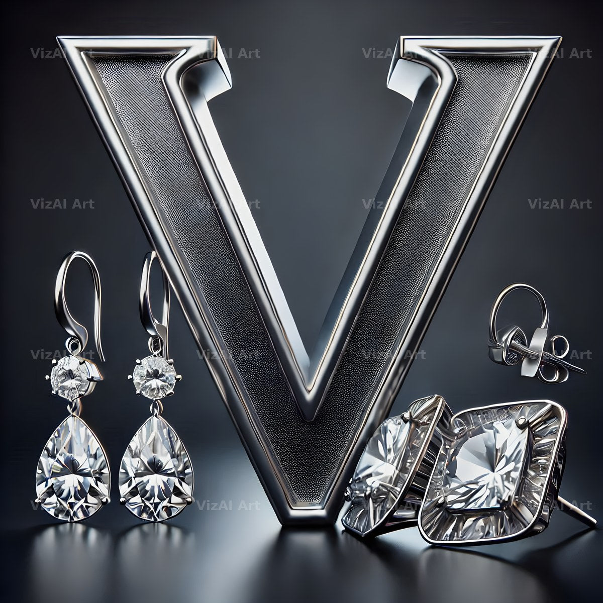 Silver Jewel Earring alphabet letter V