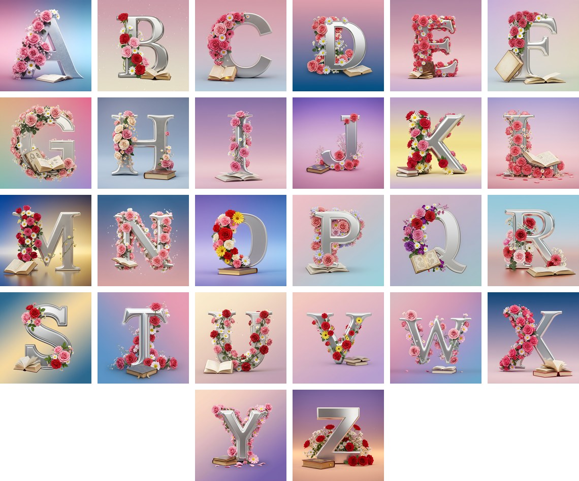 Silver Rose Script alphabet — all 26 letters
