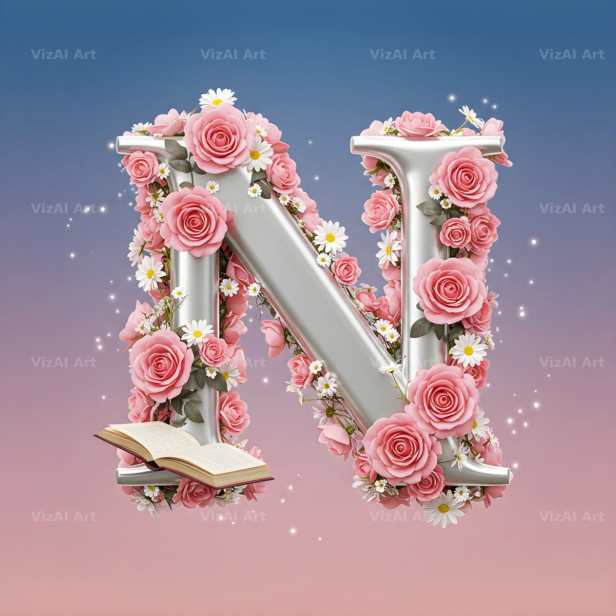 Silver Rose Script alphabet letter N
