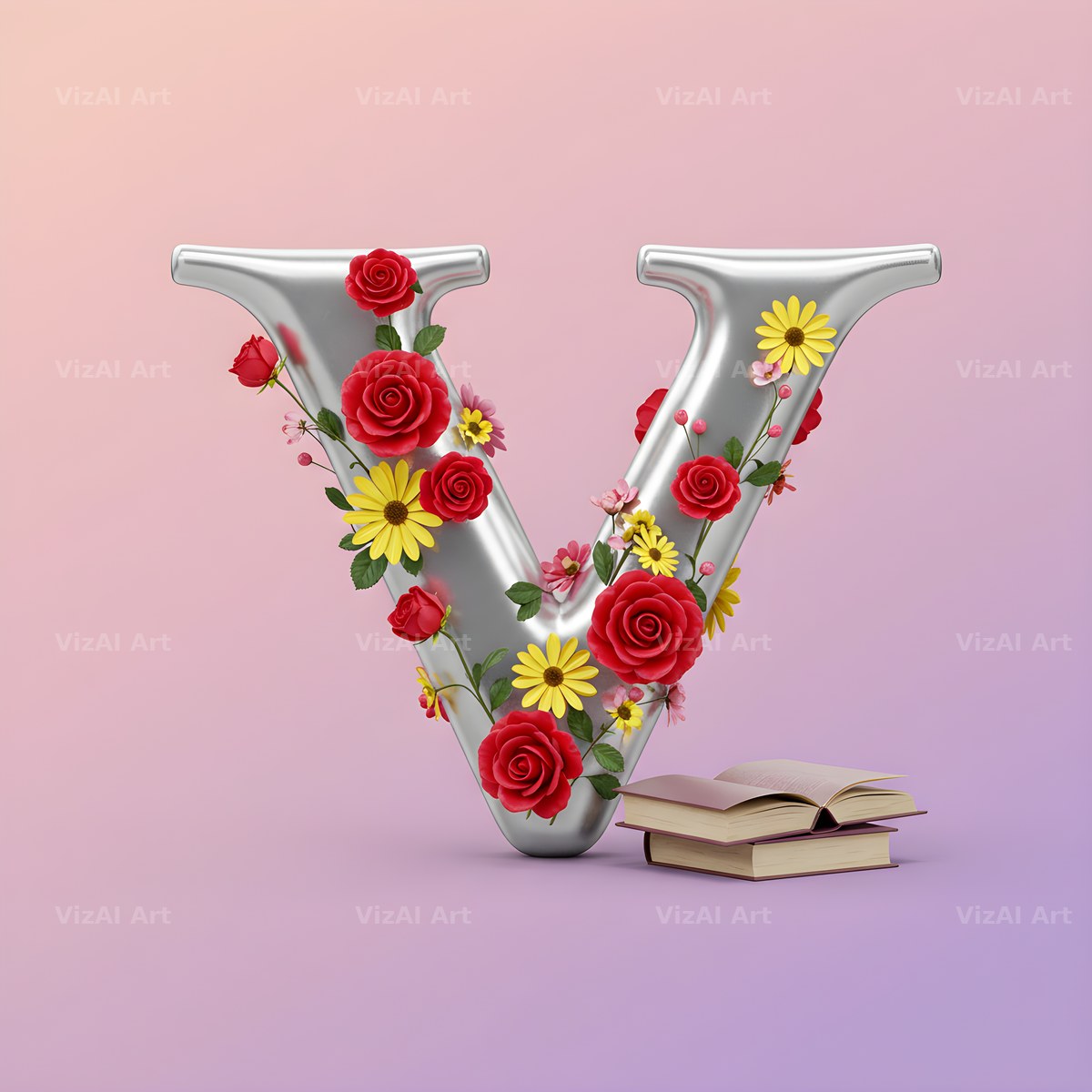 Silver Rose Script alphabet letter V