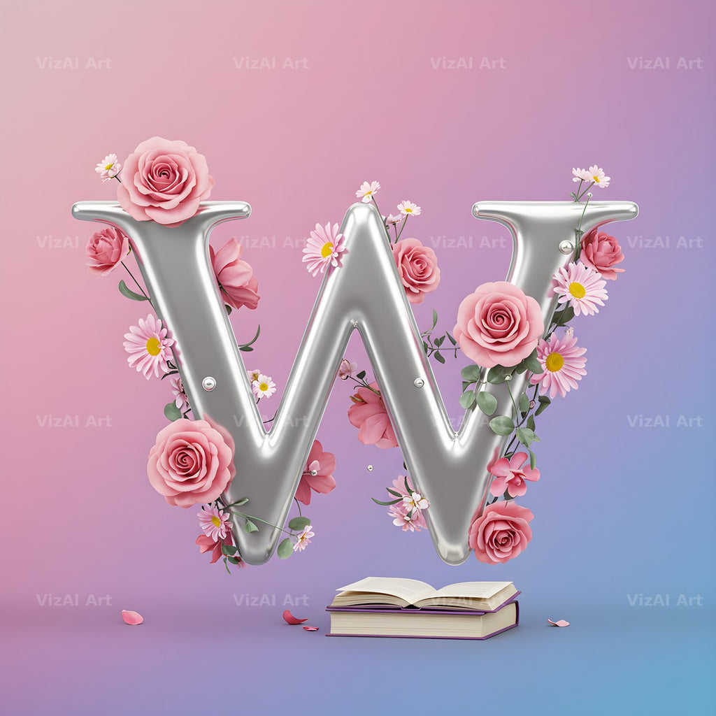Silver Rose Script alphabet letter W