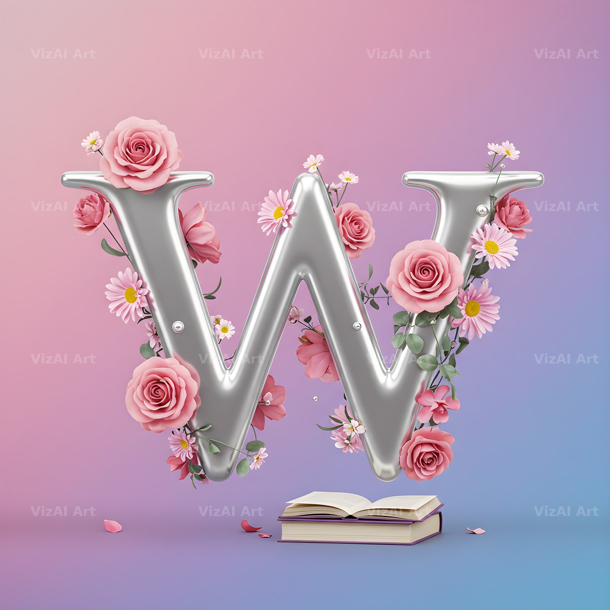 Silver Rose Script alphabet letter W
